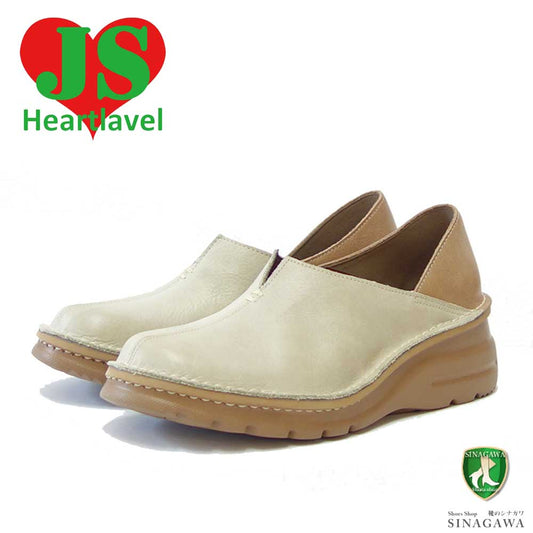 ジェイエス ハートレーベル JS Heartlavel  0263 ベージュ/キャメル(レディース)日本製 4E 甲深ウェッジ 本革 撥水 レザー スリッポン ウェッジシューズ 軽量 コンフォート クッションソール 滑りにくい 外反母趾対策「靴」