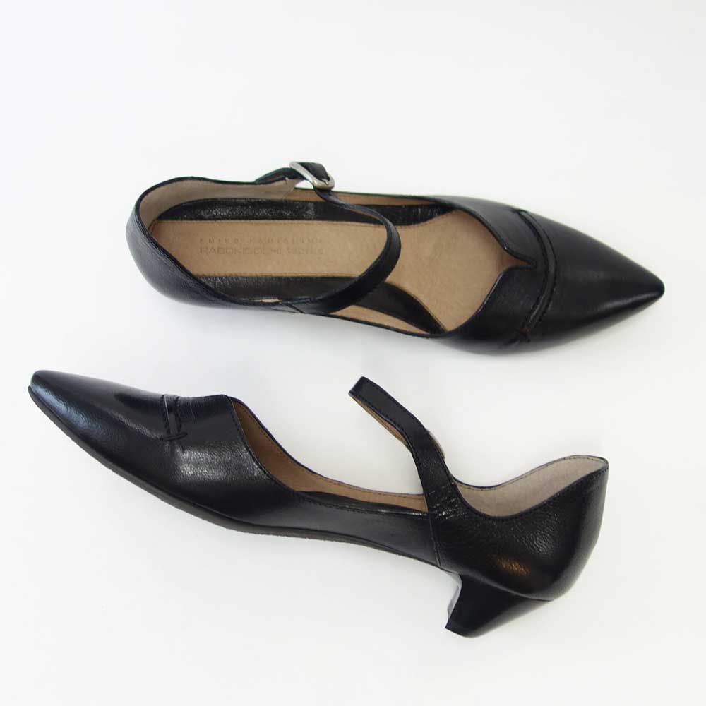 RABOKIGOSHIworks(ラボキゴシワークス)11739ブラックベルトミュールポインテッドパンプスシープレザー3.5cmヒールアンクルストラップ「靴」