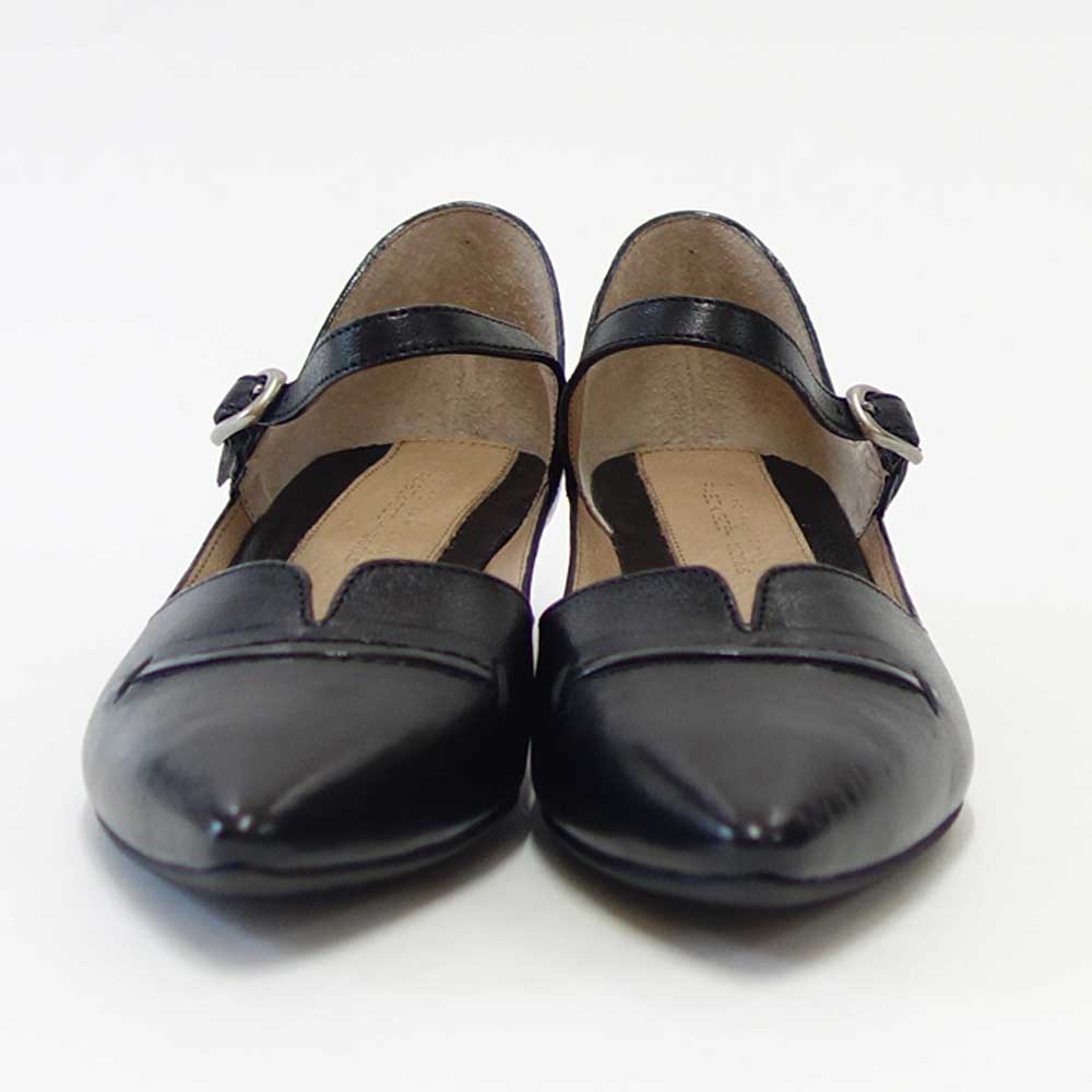 RABOKIGOSHIworks(ラボキゴシワークス)11739ブラックベルトミュールポインテッドパンプスシープレザー3.5cmヒールアンクルストラップ「靴」