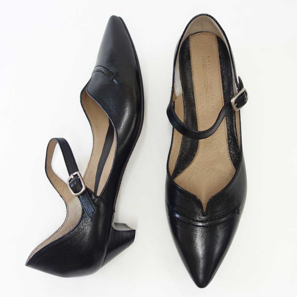 RABOKIGOSHIworks(ラボキゴシワークス)11739ブラックベルトミュールポインテッドパンプスシープレザー3.5cmヒールアンクルストラップ「靴」