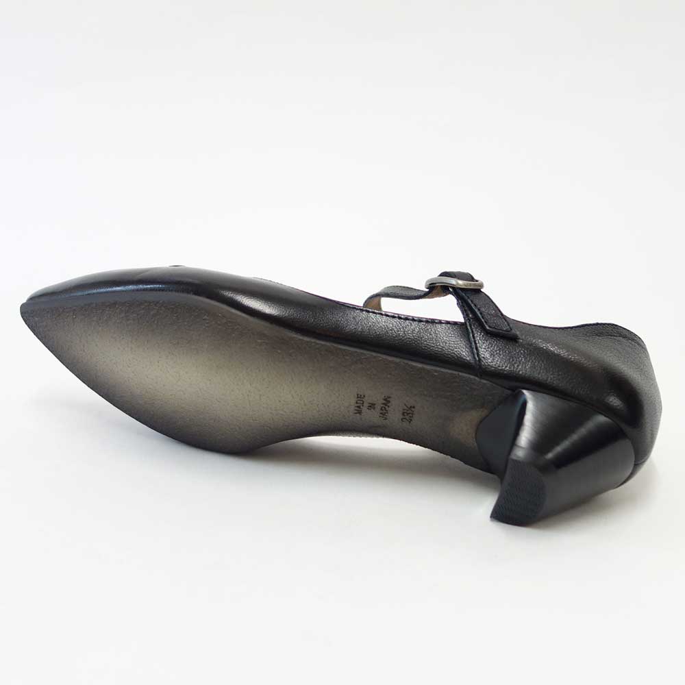 RABOKIGOSHIworks(ラボキゴシワークス)11739ブラックベルトミュールポインテッドパンプスシープレザー3.5cmヒールアンクルストラップ「靴」