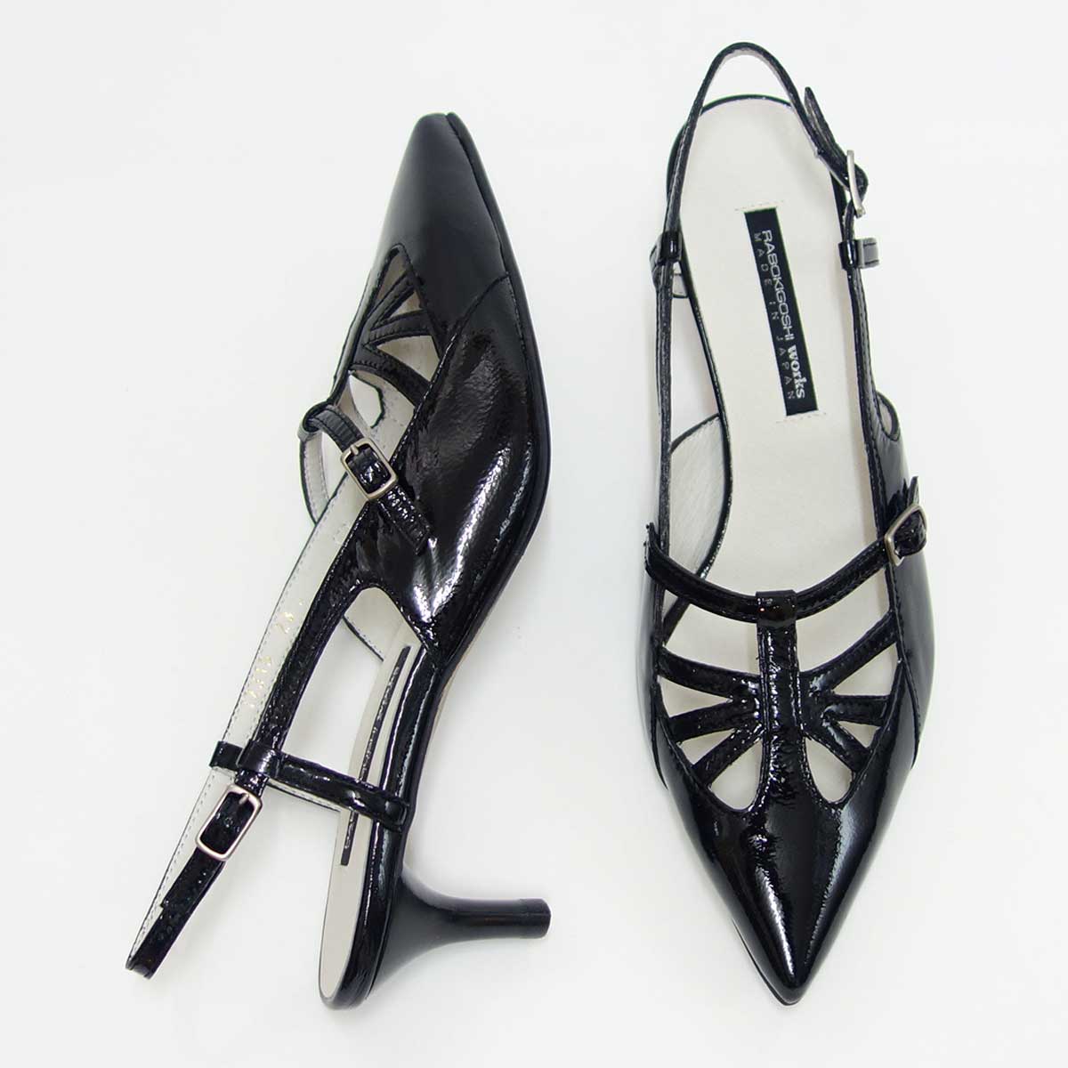 【SALE 40%OFF】 RABOKIGOSHI works(ラボキゴシ ワークス) 12316 ブラック エナメルバックベルトパンプス 「靴」