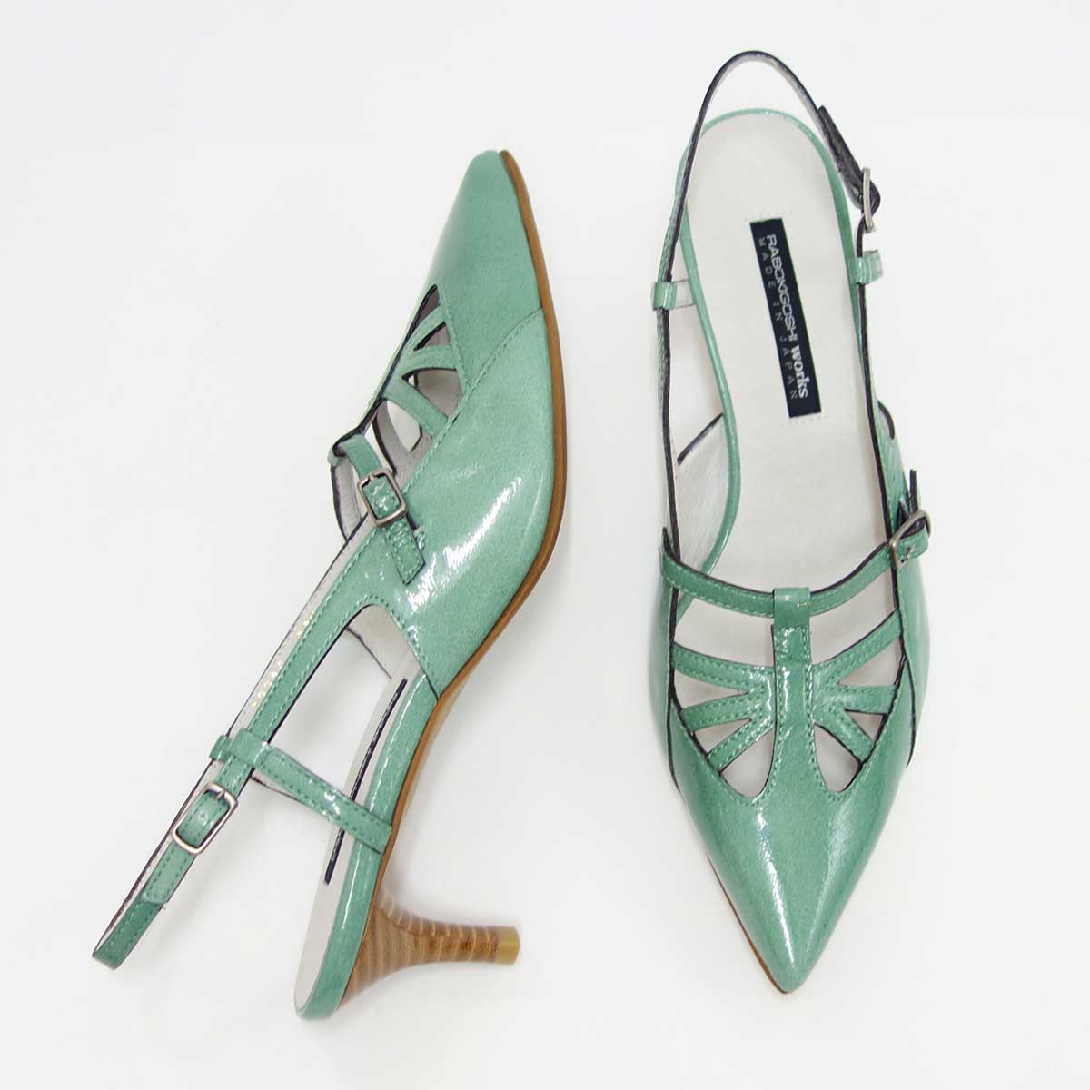【SALE 50%OFF】 RABOKIGOSHI works(ラボキゴシ ワークス) 12316 ライトグリーン エナメルバックベルトパンプス 「靴」