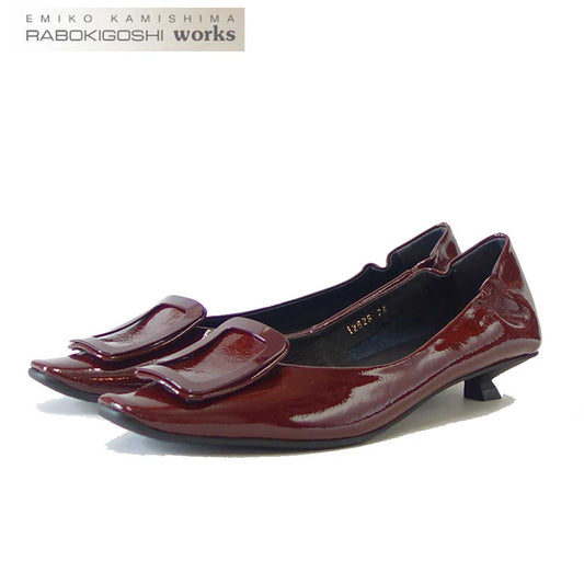 RABOKIGOSHI works(ラボキゴシ ワークス) 12629 レッドブラウンエナメル  キトゥーンヒールモチーフパンプス  天然皮革 3cmヒール スリップオン シューズ「靴」