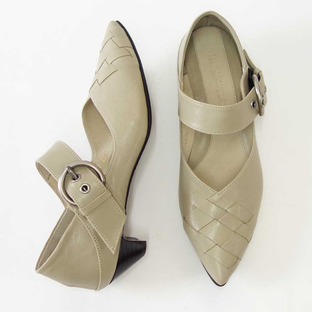 【SALE 20%OFF】 RABOKIGOSHI works(ラボキゴシ ワークス) 12692 ベージュ クロスメッシュパンプス 天然皮革 3cmヒール スリップオン 2WAY シューズ ミュール「靴」