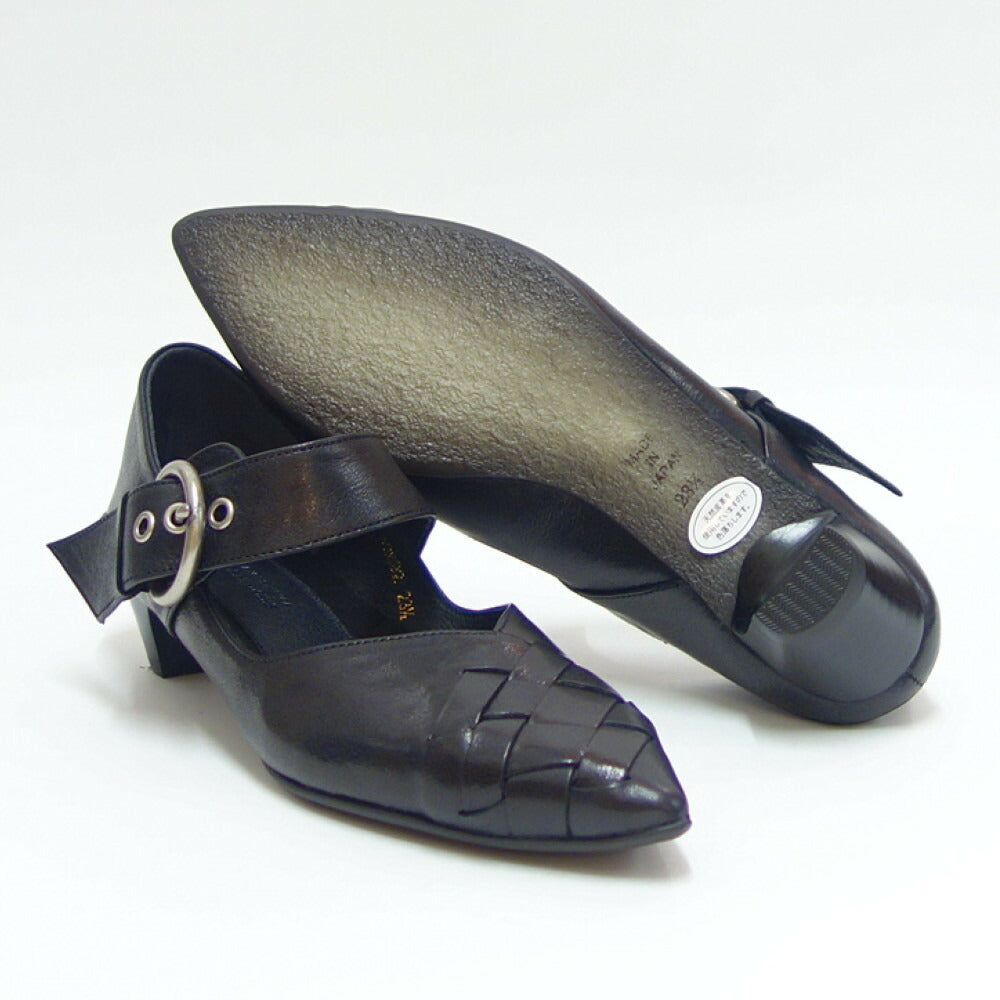 【SALE 20%OFF】 RABOKIGOSHI works(ラボキゴシ ワークス) 12692 ブラック クロスメッシュパンプス 天然皮革 3cmヒール スリップオン 2WAY シューズ ミュール「靴」