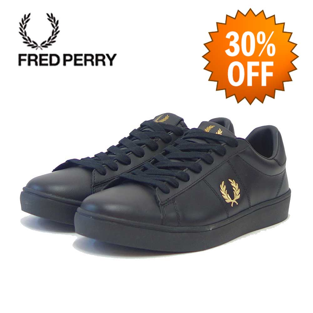 【SALE 30%OFF】 FRED PERRY フレッドペリー B 2333 102(ユニセックス)SPENCER LEATHER (スペンサー レザー) カラー:Black / Metallic Gold 天然皮革のローカットスニーカー 「靴」