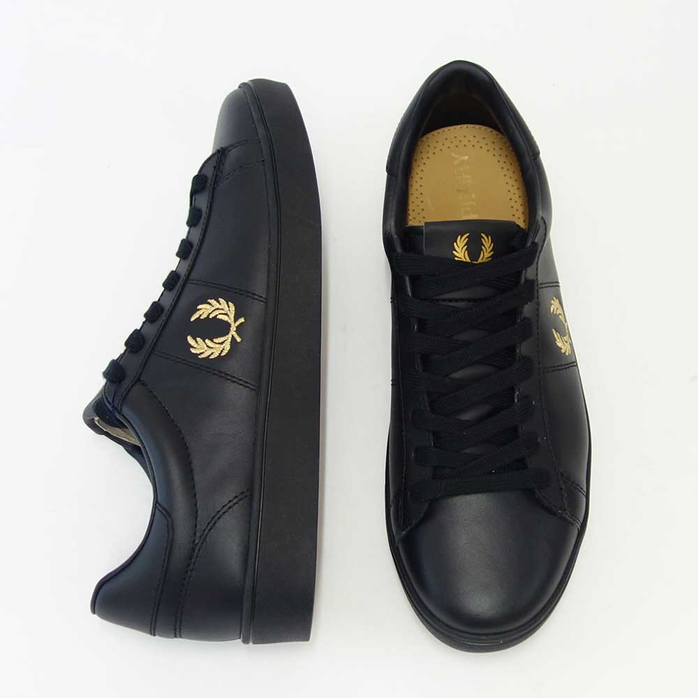 【SALE 30%OFF】 FRED PERRY フレッドペリー B 2333 102(ユニセックス)SPENCER LEATHER (スペンサー レザー) カラー:Black / Metallic Gold 天然皮革のローカットスニーカー 「靴」