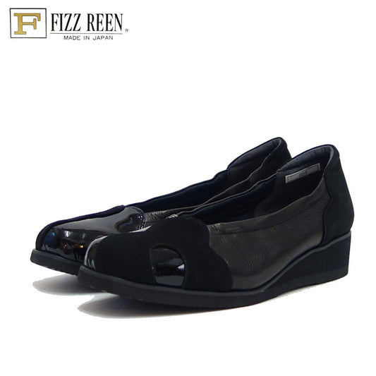 フィズリーン FIZZ REEN  3010 ブラック(レディース) 快適EEEEのウェッジパンプス(日本製) スリッポン ウェッジシューズ 4E レザーシューズ コンフォート ウォーキング タウン カジュアル「靴」