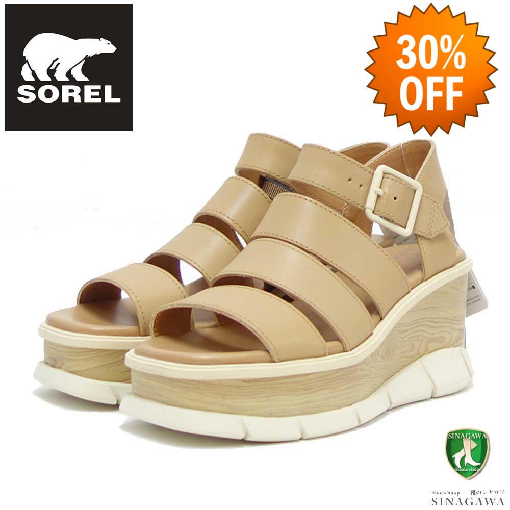 【SALE 30%OFF】 ソレル SOREL NL 4676(レディース) ジョアニー 3 アンクルストラップ:Honest Beige / Chalk (247) 天然皮革 アンクルストラップ ウェッジサンダル「靴」