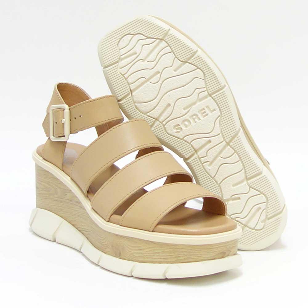 【SALE 30%OFF】 ソレル SOREL NL 4676(レディース) ジョアニー 3 アンクルストラップ:Honest Beige / Chalk (247) 天然皮革 アンクルストラップ ウェッジサンダル「靴」