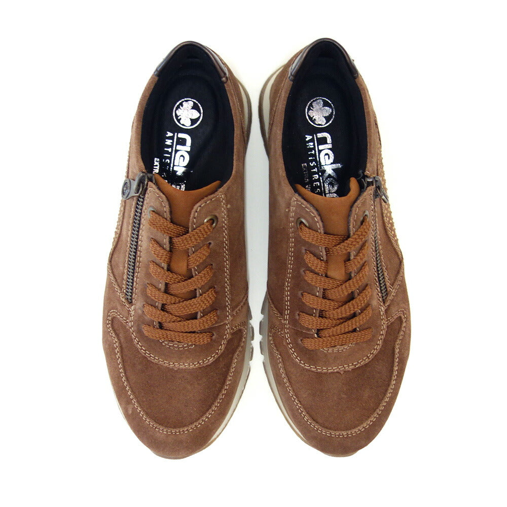 riekerリーカー49001-24ブラウン(レディース)天然皮革スエードサイドジップスニーカー甲高幅広「靴」