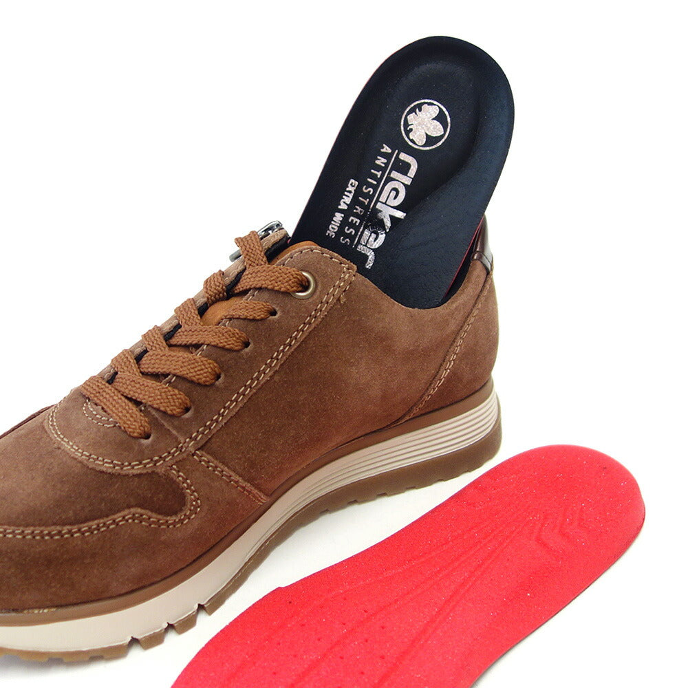 riekerリーカー49001-24ブラウン(レディース)天然皮革スエードサイドジップスニーカー甲高幅広「靴」