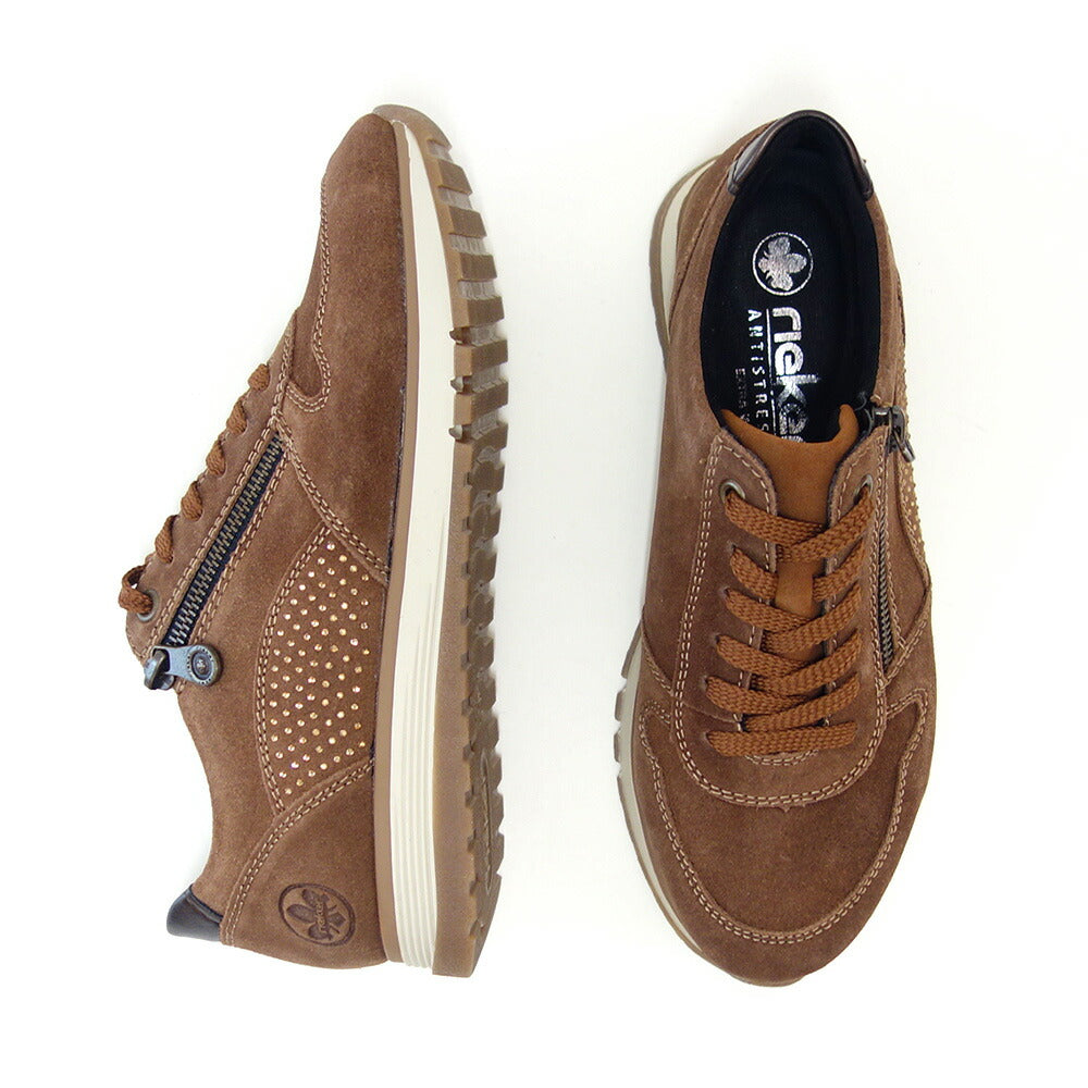 riekerリーカー49001-24ブラウン(レディース)天然皮革スエードサイドジップスニーカー甲高幅広「靴」