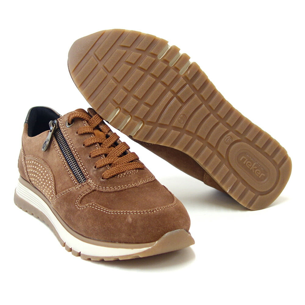 riekerリーカー49001-24ブラウン(レディース)天然皮革スエードサイドジップスニーカー甲高幅広「靴」