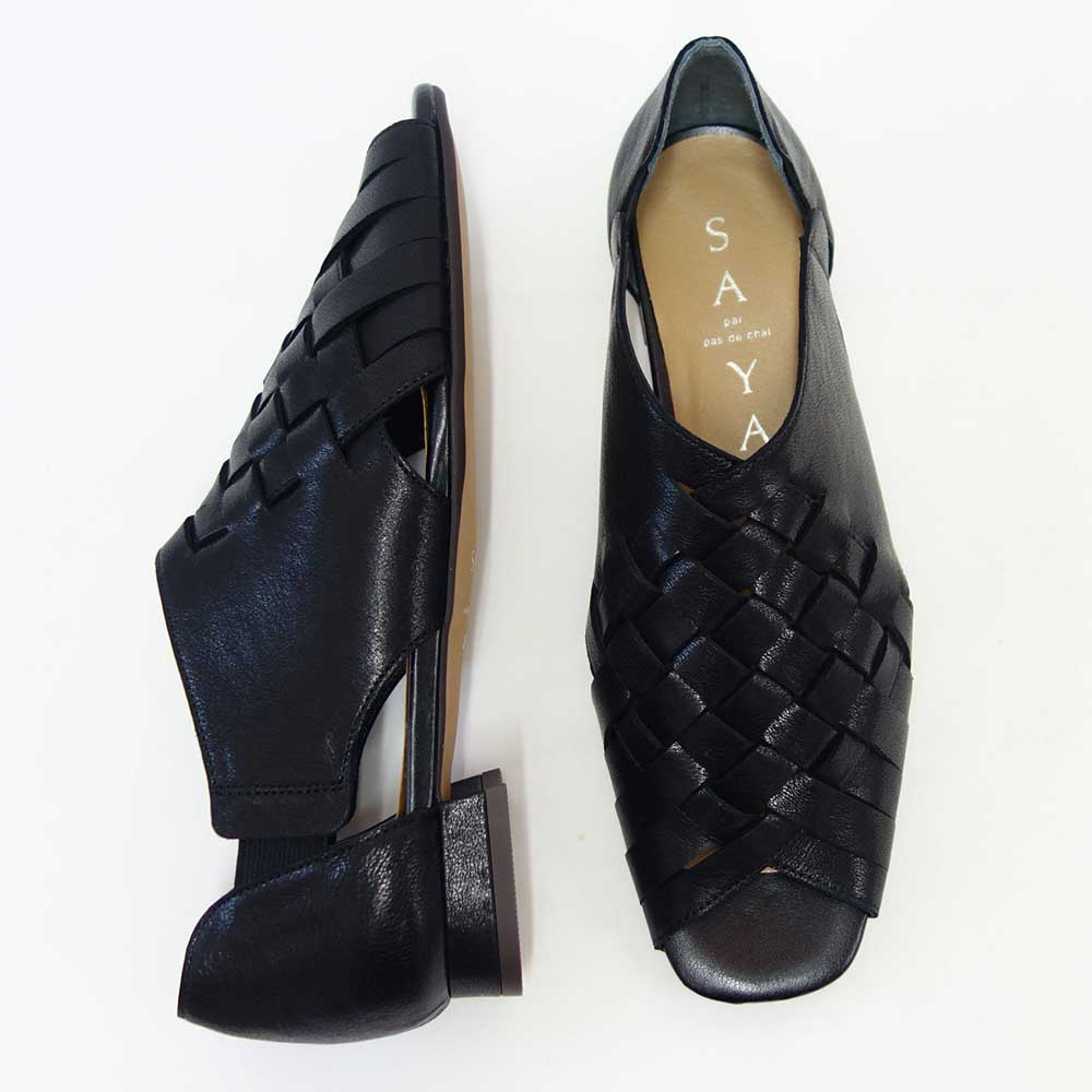 【SALE 20%OFF】 SAYA(サヤ) 51142 ブラック 天然皮革 メッシュサンダル 甲深 スリッポン パンプス 日本製「靴」
