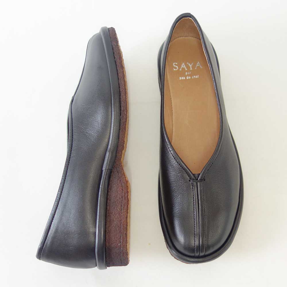 SAYA(サヤ) 51151 ブラック 天然皮革 プラット製法シューズ フラットクレープソール 丸トゥ「靴」