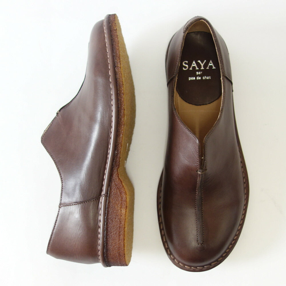SAYA(サヤ) 51164 ダークブラウン 本革 プラット製法 スリッポン フラットシューズ クレープソール 丸トゥ「靴」