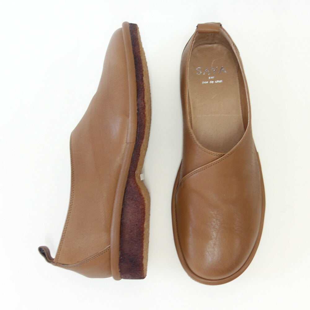 SAYA(サヤ)51203グレージュ天然皮革プラット製法シューズフラットクレープソール丸トゥ「靴」