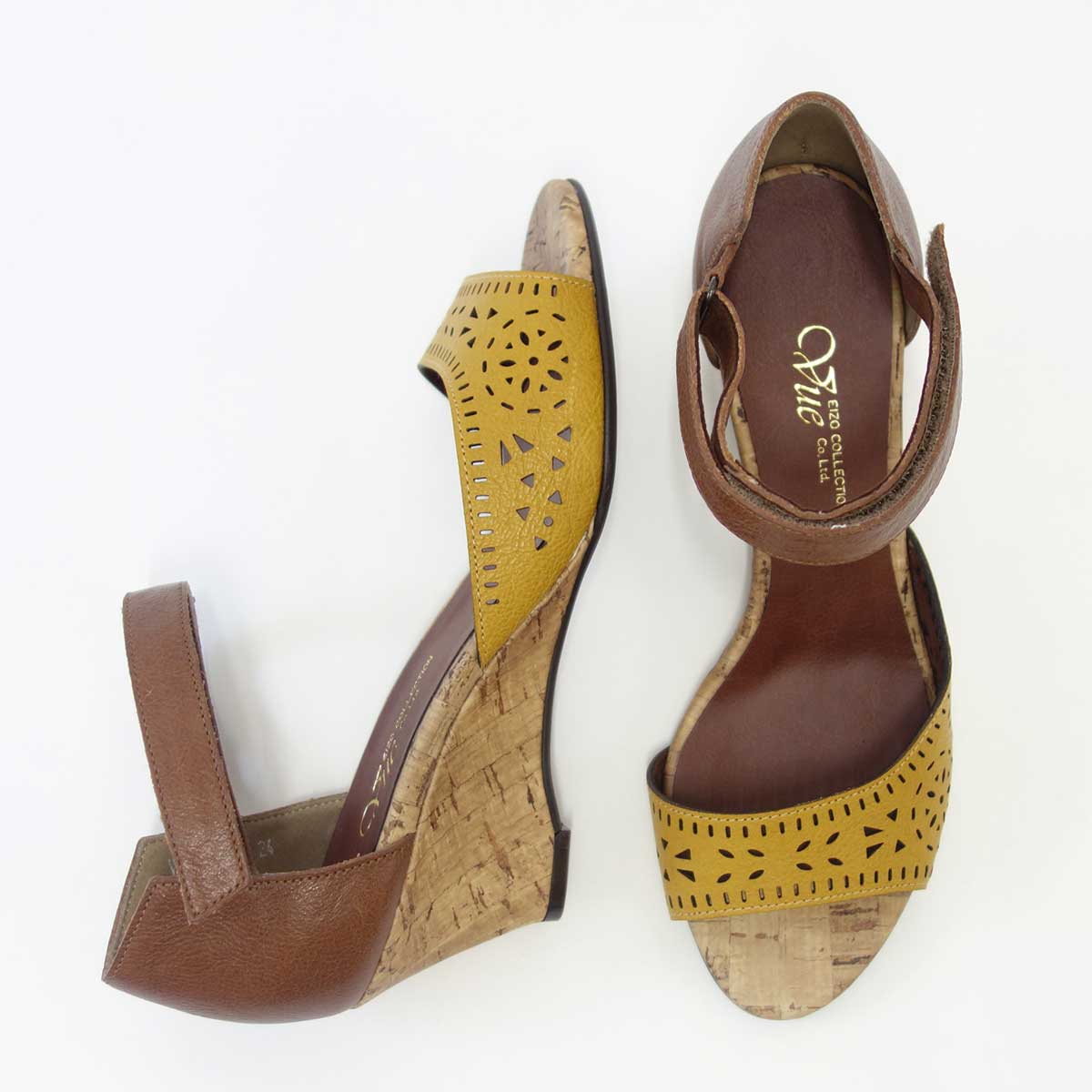 【SALE 50%OFF】 Vue ビュー EIZO Collection 55571 イエロー/ブラウン オープントゥ ウェッジシューズ 「靴」