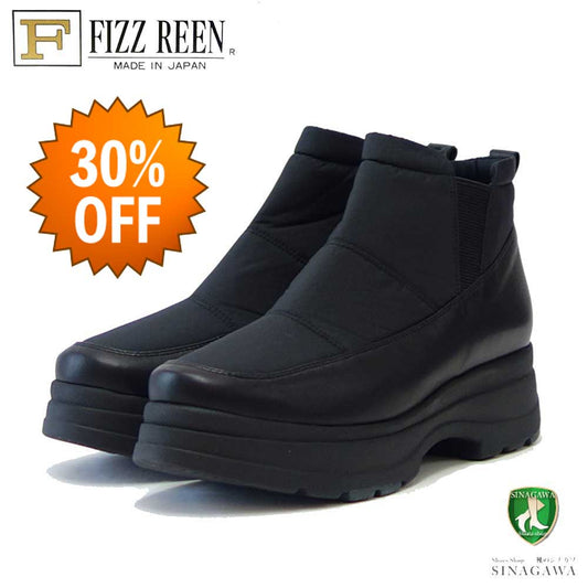 【SALE 30%OFF】 フィズリーン FIZZ REEN 6389 ブラック(日本製)撥水加工 天然皮革&人工繊維素材のEEEE ショートブーツ 厚底ソール 軽量 サイドゴア「靴」