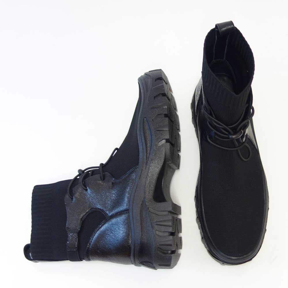 yuko imanishi + ユーコ イマニシ+ 716039 KIYO ブラック 天然皮革 ゴムレース ストレッチブーツ ショートブーツ  展開サイズ 23.5cm 24cm 24.5cm「靴」