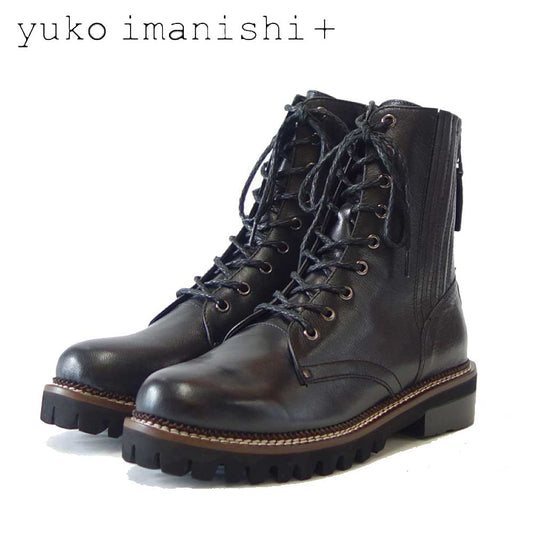 yuko imanishi + ユーコ イマニシ+ 717027 ブラック レースアップブーツ バックジップ サイドゴア ショートブーツ  展開サイズ 23.5cm 24cm 24.5cm「靴」