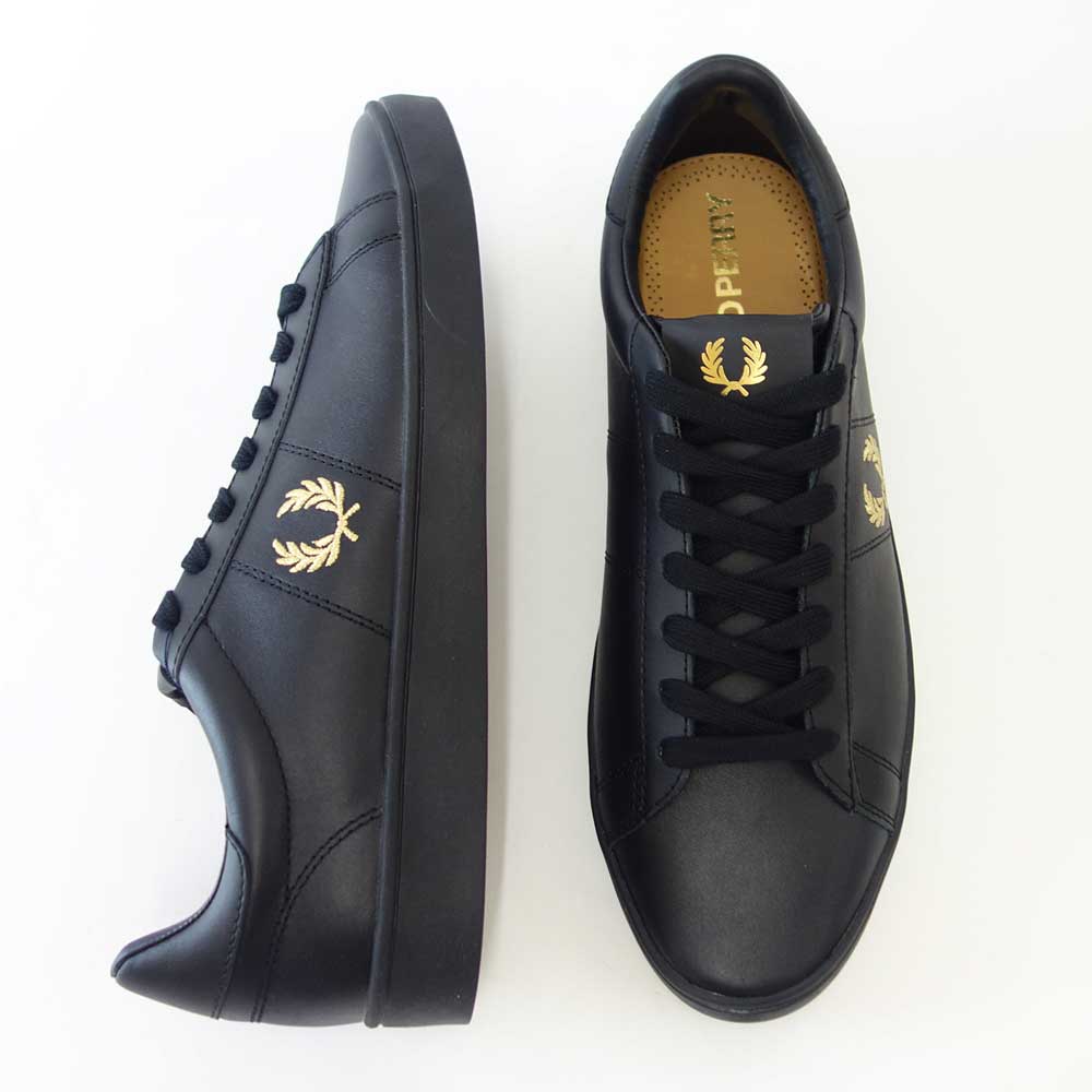 【SALE 30%OFF】 FRED PERRY フレッドペリー B 8250 102(ユニセックス)SPENCER LEATHER (スペンサー レザー) カラー:BLACK/METALLIC GOLD 天然皮革のローカットスニーカー 「靴」