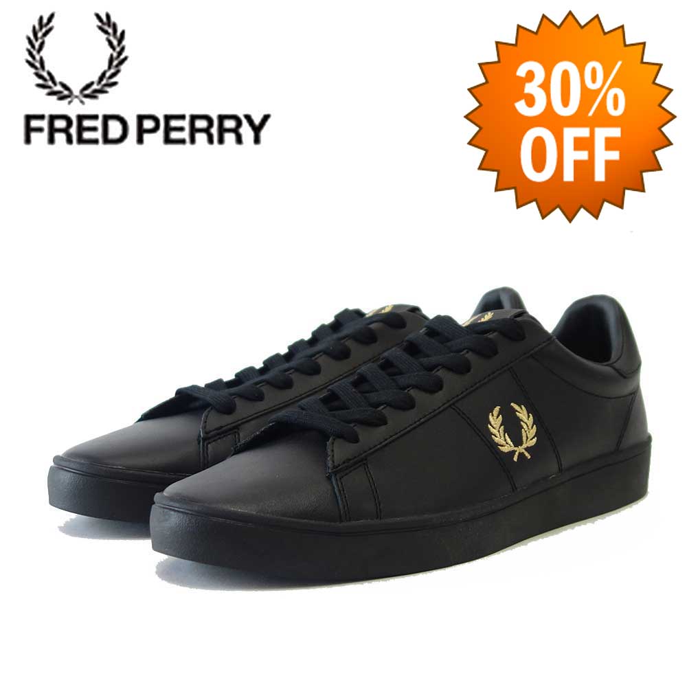 【SALE 30%OFF】 FRED PERRY フレッドペリー B 8250 102(ユニセックス)SPENCER LEATHER (スペンサー レザー) カラー:BLACK/METALLIC GOLD 天然皮革のローカットスニーカー 「靴」