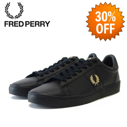 【SALE 30%OFF】 FRED PERRY フレッドペリー  B 8250 102(ユニセックス)SPENCER LEATHER (スペンサー レザー) カラー:BLACK/METALLIC GOLD 天然皮革のローカットスニーカー  「靴」