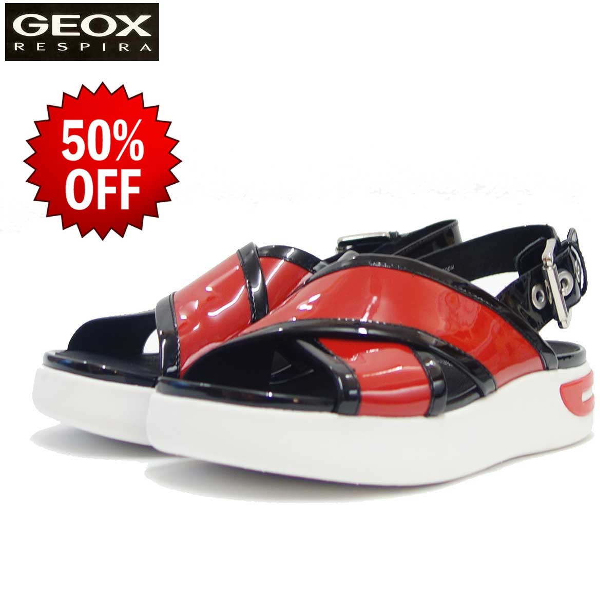 【SALE 50%OFF】 ジェオックス GEOX D 92CMA スカーレッド/ブラック(レディース)エナメル素材の中厚底サンダル 「靴」