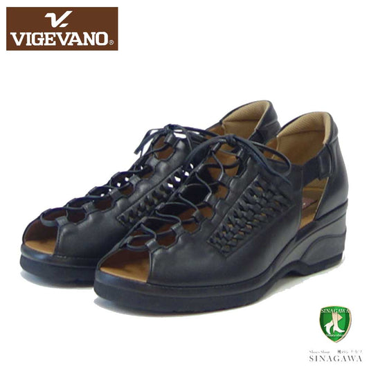 VIGEVANO ビジェバノ 9600 ブラック(日本製)ゆったりEEEE レースアップシューズ ウェッジヒール オープントゥシューズ「靴」