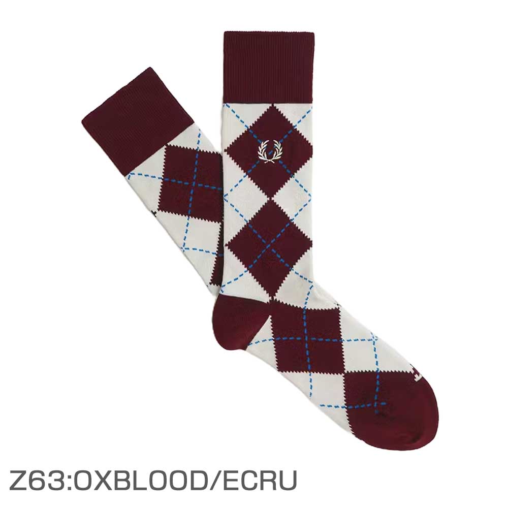 FREDPERRYフレッドペリーJacquardArgyleSocksC1152Z63OXBLOOD/ECRU/COURTBLUEアーガイルチェックソックス(ポルトガル製)