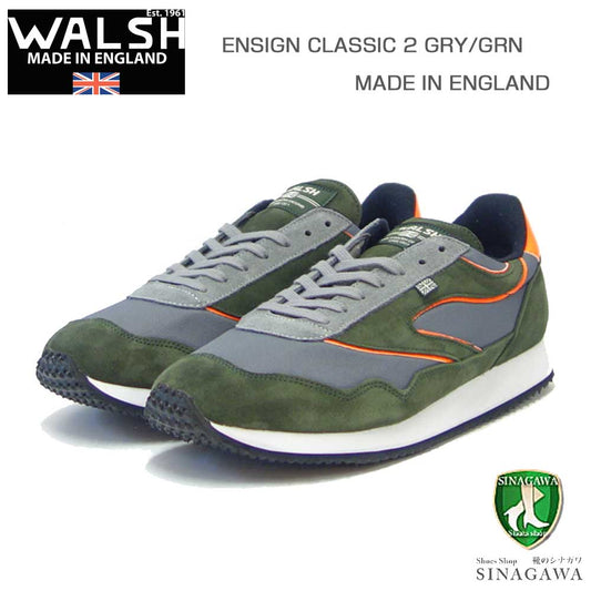 WALSH ウォルシュ ENC 71049(ユニセックス) ENSIGN CLASSIC 2 カラー:GRY/GRN(英国製) スエード&人工繊維&PVCのランニングスニーカー  「靴」