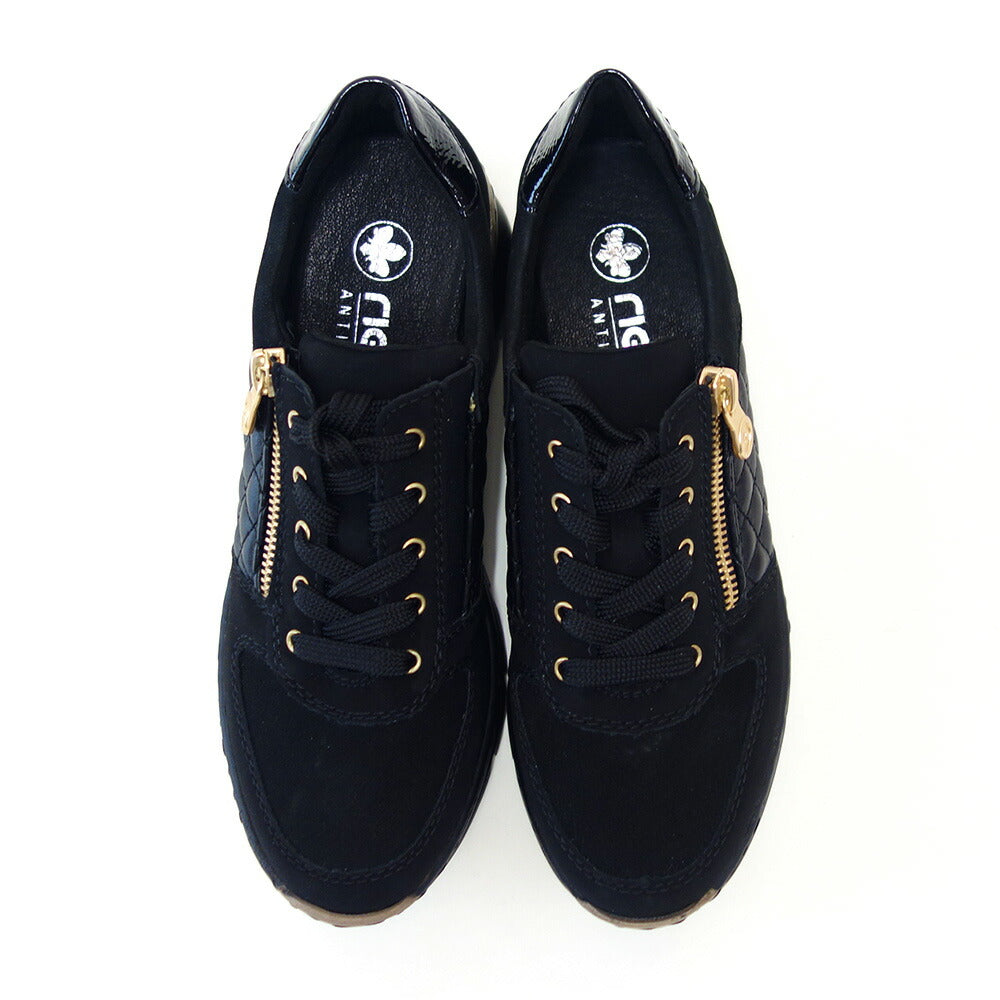 riekerリーカーN6314-00ブラック(レディース)天然皮革ウェッジサイドジップスニーカー甲高幅広「靴」