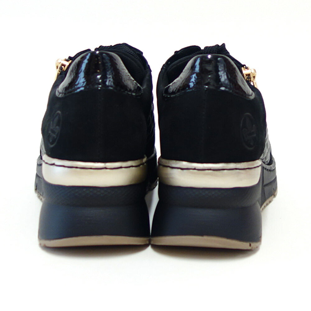 riekerリーカーN6314-00ブラック(レディース)天然皮革ウェッジサイドジップスニーカー甲高幅広「靴」