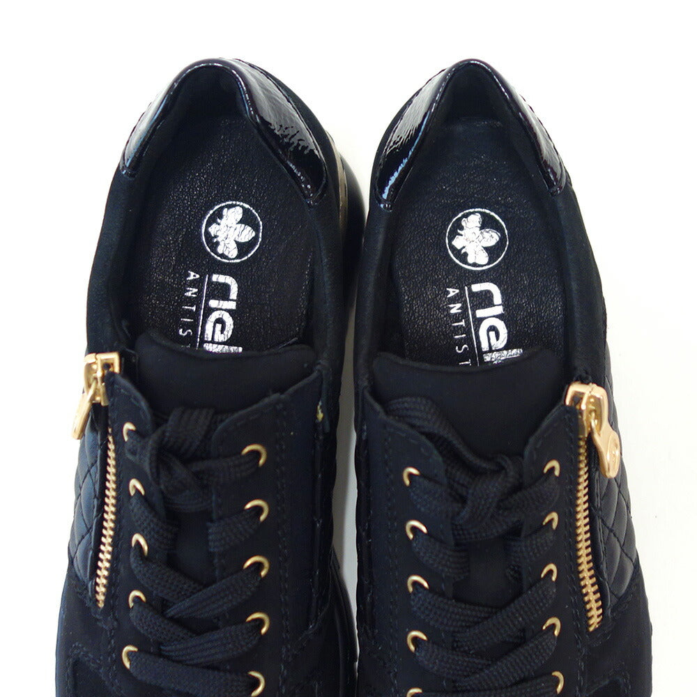 riekerリーカーN6314-00ブラック(レディース)天然皮革ウェッジサイドジップスニーカー甲高幅広「靴」