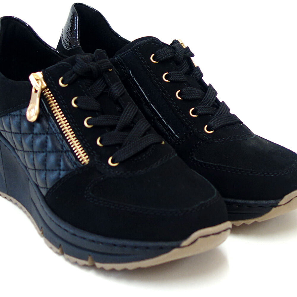 riekerリーカーN6314-00ブラック(レディース)天然皮革ウェッジサイドジップスニーカー甲高幅広「靴」