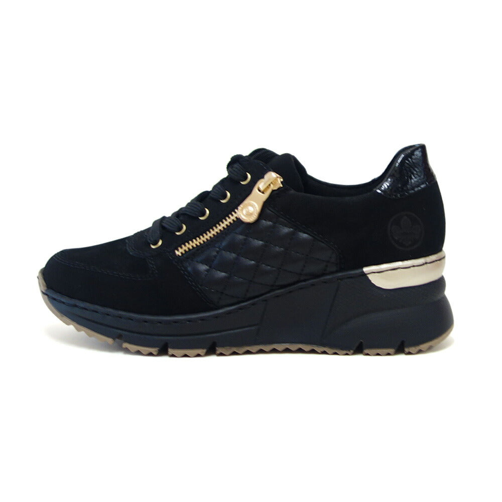 riekerリーカーN6314-00ブラック(レディース)天然皮革ウェッジサイドジップスニーカー甲高幅広「靴」