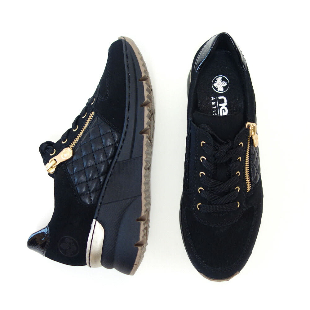 riekerリーカーN6314-00ブラック(レディース)天然皮革ウェッジサイドジップスニーカー甲高幅広「靴」