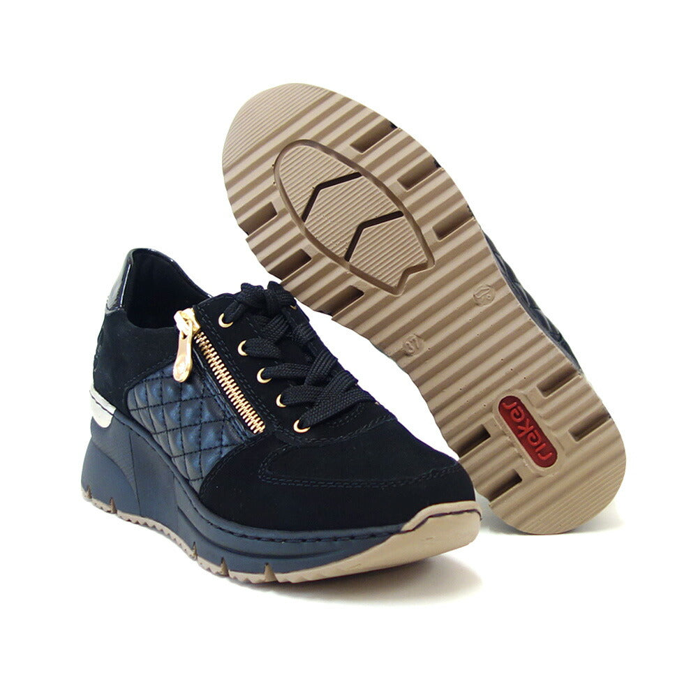 riekerリーカーN6314-00ブラック(レディース)天然皮革ウェッジサイドジップスニーカー甲高幅広「靴」