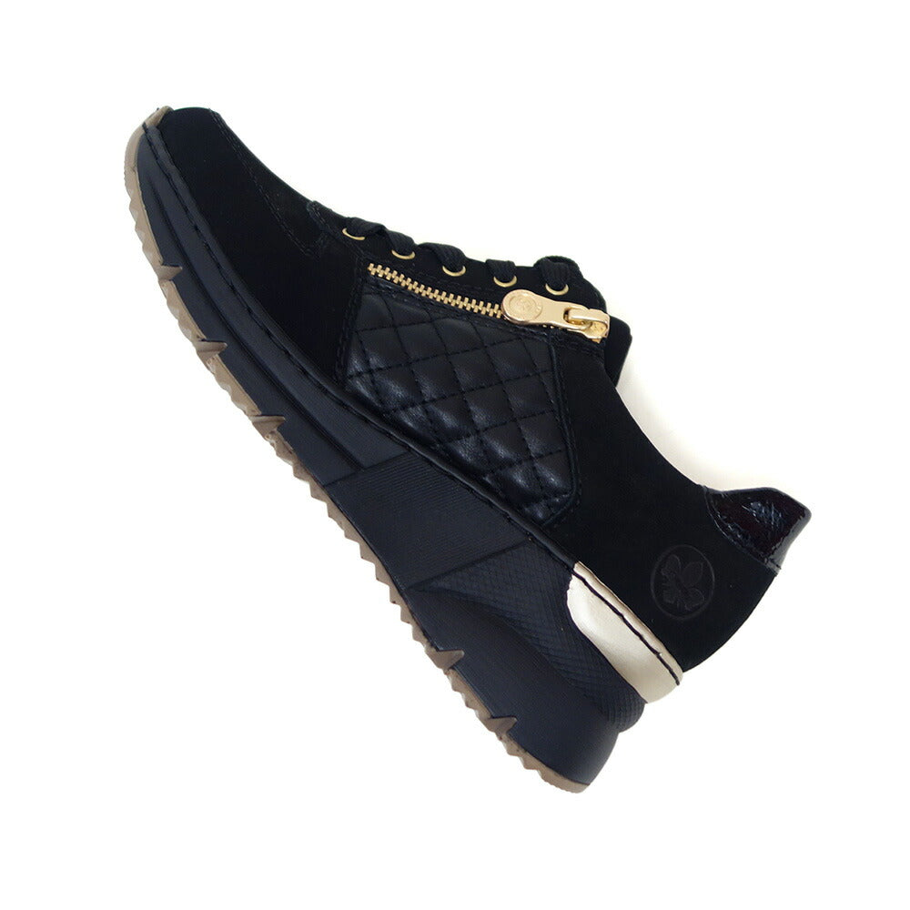 riekerリーカーN6314-00ブラック(レディース)天然皮革ウェッジサイドジップスニーカー甲高幅広「靴」