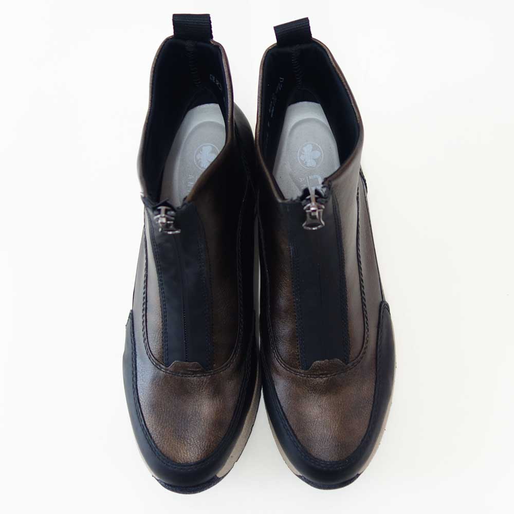 riekerリーカーN9381-60ブロンズ/ブラックお洒落で履き良いフロントジップブーツ人工皮革のショートブーツ「靴」