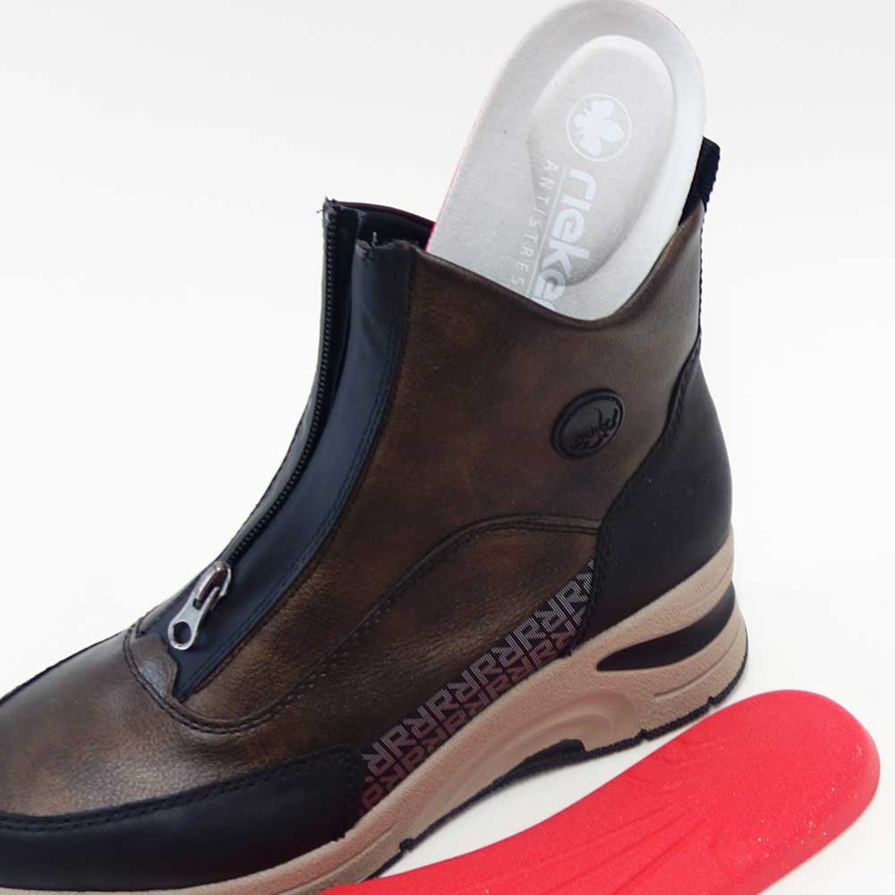 riekerリーカーN9381-60ブロンズ/ブラックお洒落で履き良いフロントジップブーツ人工皮革のショートブーツ「靴」