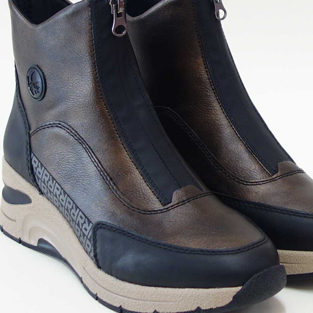 riekerリーカーN9381-60ブロンズ/ブラックお洒落で履き良いフロントジップブーツ人工皮革のショートブーツ「靴」