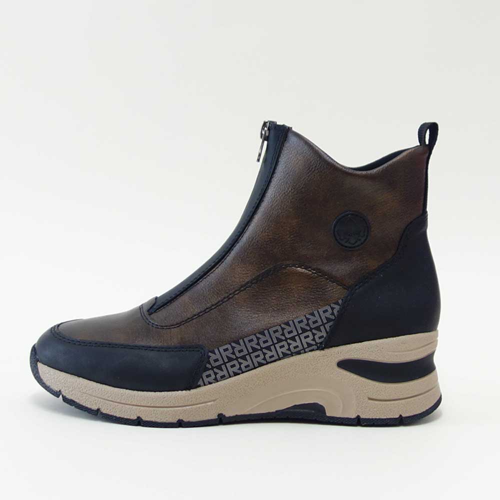 riekerリーカーN9381-60ブロンズ/ブラックお洒落で履き良いフロントジップブーツ人工皮革のショートブーツ「靴」