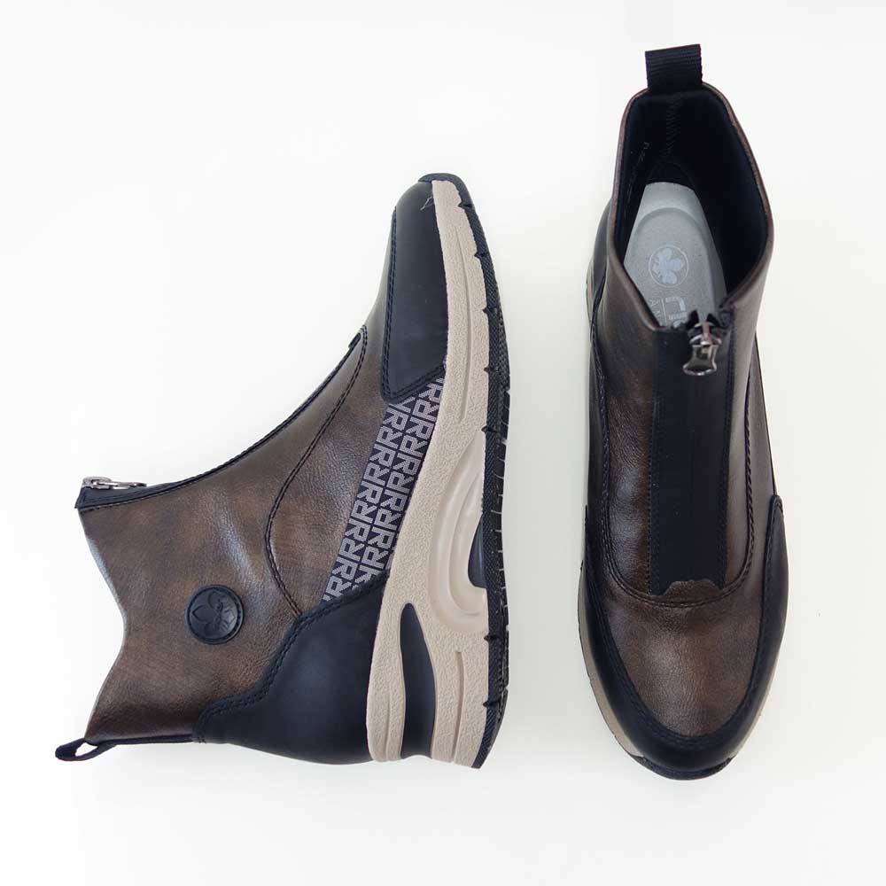 riekerリーカーN9381-60ブロンズ/ブラックお洒落で履き良いフロントジップブーツ人工皮革のショートブーツ「靴」