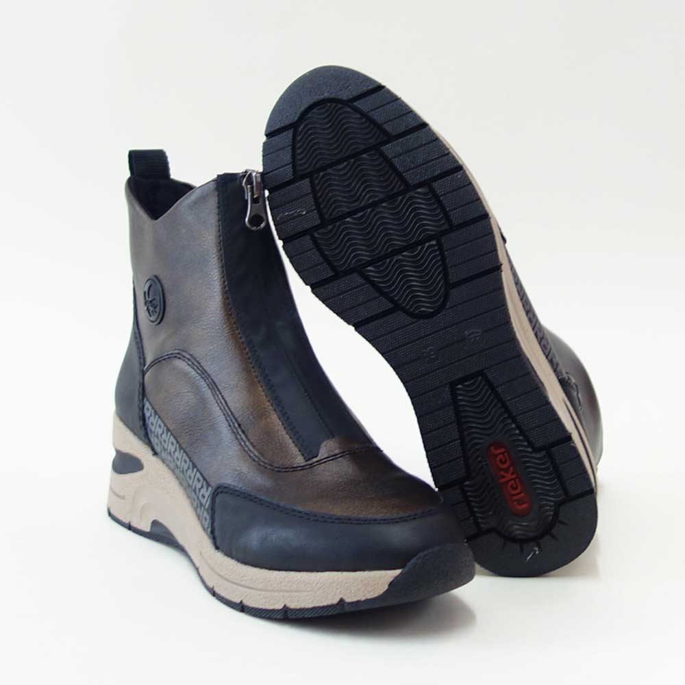 riekerリーカーN9381-60ブロンズ/ブラックお洒落で履き良いフロントジップブーツ人工皮革のショートブーツ「靴」