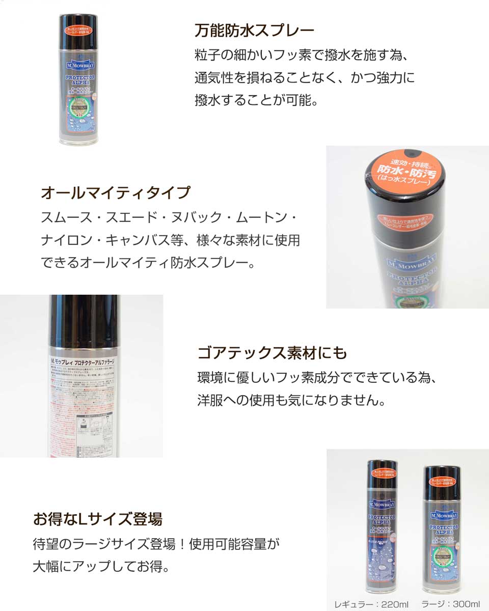 M.MOWBRAY M.モゥブレィ プロテクターアルファ ラージ(300ml) オールマイティな靴・バッグ用撥水・防汚スプレー モウブレイ R&D 日本製 梅雨対策対象商品 靴の防水スプレー 撥水スプレー