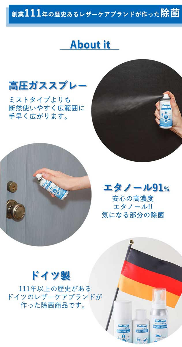 コロニル Collonil サニタイザー SANITIZER(ドイツ製) 靴底の除菌 アルコール除菌スプレー エタノール濃度91% 100ml 除菌 アルコール スプレー 布 靴 靴裏 バッグ 服 ウェア トイレ 便座 ドアノブ スマホケース ウイルス対策 除菌